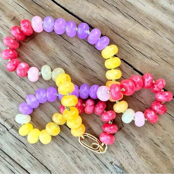 Candy Gemstone Choker Chalcedony, Jade, Moonstone, Hand Knotted, 14k Gold-Filled - Picture 2 of 7